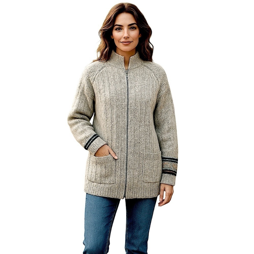 𝅺Handmade Chunky Knit Cardigan Sweater Sz M/L Gray Full Zip Neutral Heavy Top